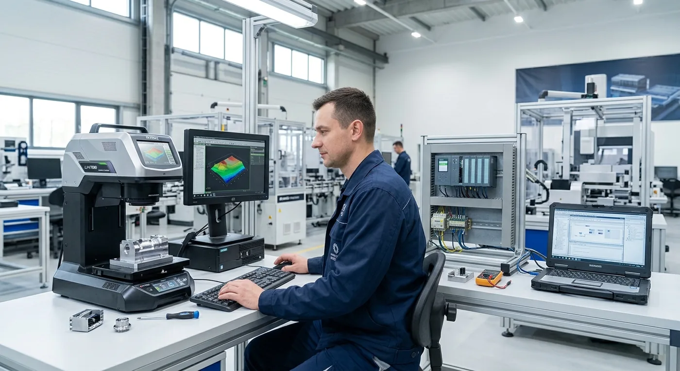 Inżynier przy stanowisku pomiarowym ze skanerem 3D i szafą sterowniczą z PLC
