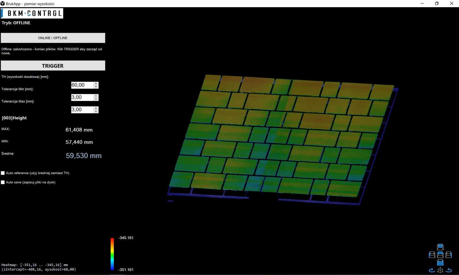 Aplikacja BKM Control do pomiaru wysokości wyrobów ze skanera 3D z mapą wysokości i wynikami